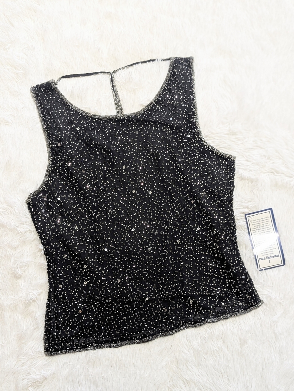 🔴LOWEST! Vintage Stenay 100% Silk Silver Beaded Strappy Back Sleeveless Top